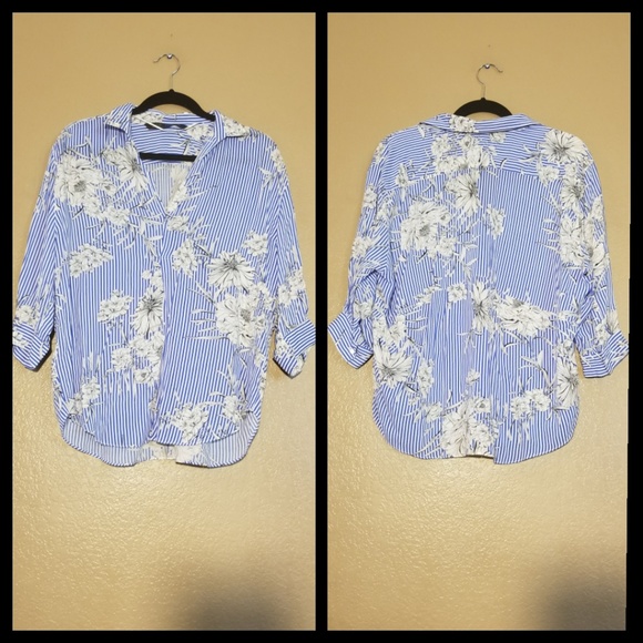 Zara Tops - Zara Women Blue Stripped and Floral Blouse